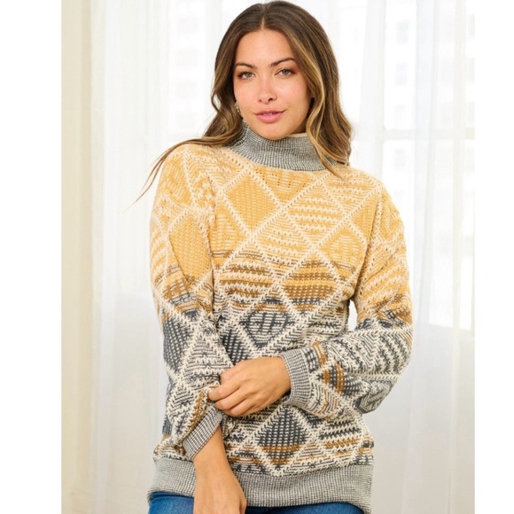 Hem & Thread Sweaters - HEM & THREAD Aztec Mock Turtleneck Geometric Textured Patterned Sweater Pullover